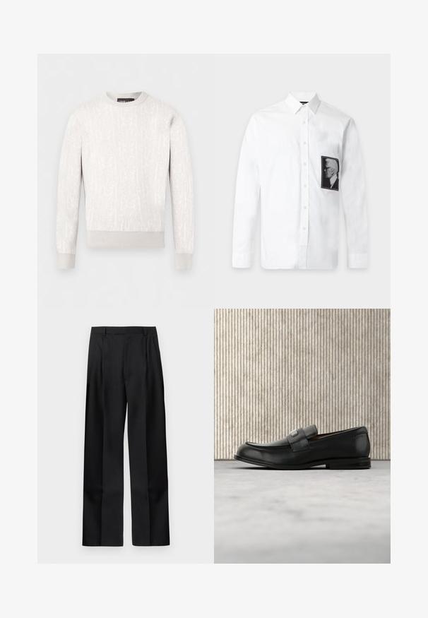 Pull blanc à manches longues avec col rond, motif en relief subtil, poignets et ourlet côtelés, posé à plat sur un fond blanc.; Chemise blanche à manches longues boutonnée avec un col classique et un patch portrait de profil noir et blanc sur le côté gauche de la poitrine.; Pantalon droit noir sur mesure avec passants pour ceinture, fermeture éclair à l'avant et poches latérales sur un fond blanc uni.; Mocassin en cuir noir avec une plaque de marque en métal reposant près d'une table ronde marron sur un sol recouvert de moquette beige.