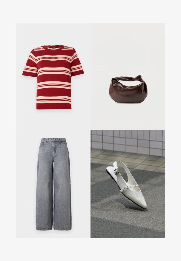 Pull à manches courtes rayé rouge avec des rayures horizontales crème et un petit emblème près de la poitrine. Encolure ronde côtelée et poignets côtelés.; Jean en denim à jambes larges dans un délavé gris, avec cinq poches, une fermeture à bouton et une texture douce avec des détails de whiskering subtils.; Chaussure plate slingback blanche pointue avec deux boucles argentées, présentée en extérieur sur un sol texturé et un mur carrelé en arrière-plan.; Sac bandoulière en cuir marron foncé avec une forme souple et décontractée et une anse nouée torsadée sur un fond blanc uni.