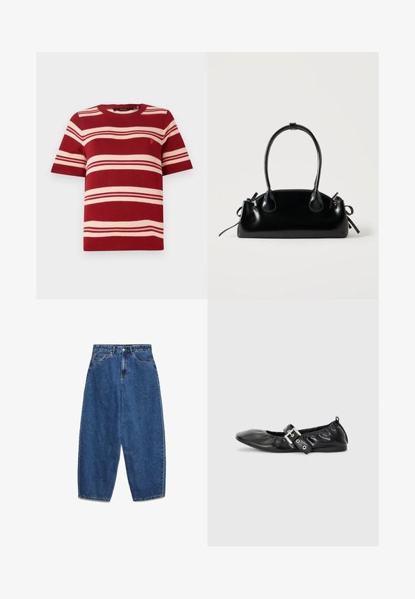 Rood gestreepte korte mouwen trui met crème horizontale strepen en een klein embleem nabij de borst. Ribgebreide ronde halslijn en mouwen.; Blauwe denim jeans met een hoge taille, een ontspannen pasvorm en rechte pijpen. Klassiek ontwerp met vijf zakken en een ritssluiting met knoop.; Zwarte leren platte schoen met een spitse neus, geplooide details rond de opening en een zilveren gespaccentueerde verstelbare band.; Kleine zwarte glanzende handtas met twee lange hengsels en zijkant trekkoord details op een effen lichte achtergrond.