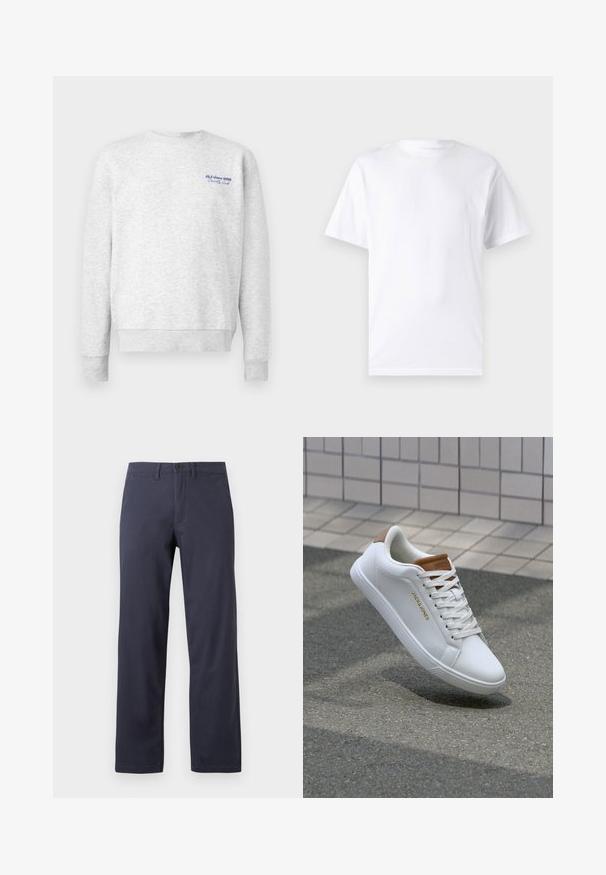 Grå sweatshirt lavet af blødt stof, med rund hals, lange ærmer og et blåt logo på venstre bryst. Letvægts, afslappet pasform.; Hvid kortærmet t-shirt lavet af bomuld med rund hals, der har en glat tekstur og et simpelt design uden mønstre eller accenter.; Mørkeblå, lige ben-bukser lavet af bomuldsblanding. Har en knaplukning foran, bæltestropper og to sidelommer.; Hvide lædersneakers med en glat overflade, tan-akcent på hælen, gyldent logo på siden og en gummisål med tekstureret greb.
