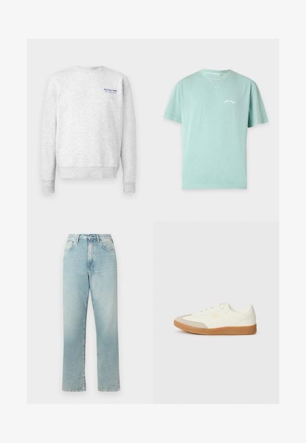 Grå sweatshirt lavet af blødt stof, med rund hals, lange ærmer og et blåt logo på venstre bryst. Letvægts, afslappet pasform.; Lyseblå T-shirt med korte ærmer og rund halsudskæring med lille hvid "PEPE JEANS" tekst på venstre bryst.; Lysblå højtaljede straight-leg jeans lavet af denim. Har klassisk femlomme-design og en lynlås med knaplukning.; Sneaker lavet af hvid læder med en beige tåhætte og let brunt gummisål. Har flade hvide snørebånd og prægede branding på siden.