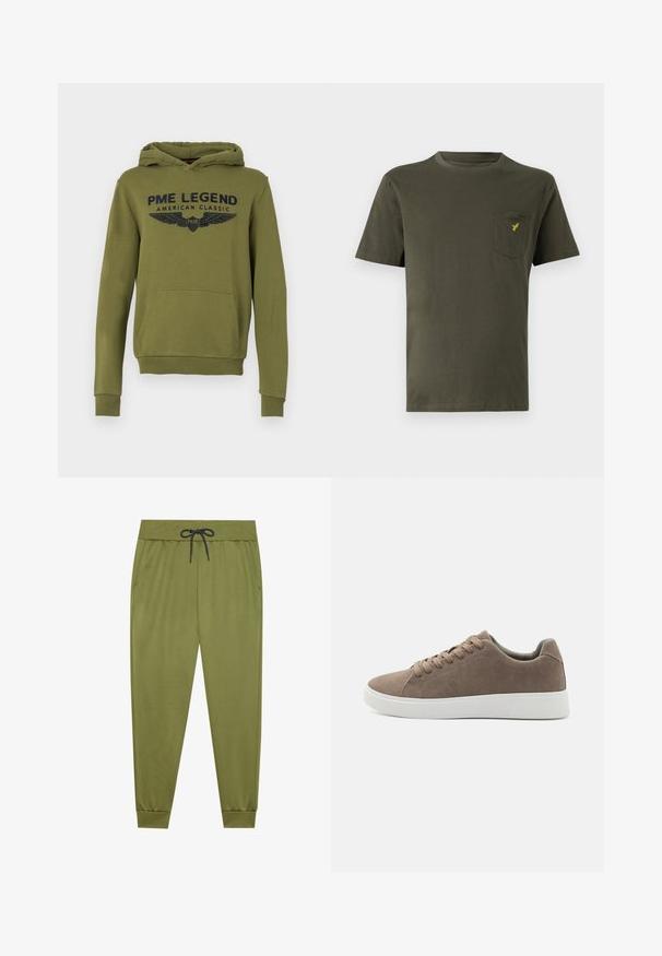 Sudadera con capucha verde y bolsillo frontal, con el texto en azul "PME LEGEND AMERICAN CLASSIC" y gráficos de alas. Tejido suave, corte casual.; Camiseta de algodón verde oliva con cuello redondo, mangas cortas y un bolsillo en el pecho izquierdo que presenta un pequeño logo amarillo. Textura suave.; Pantalones de sudadera verde oliva con cintura elástica, cordón negro, bolsillos laterales y puños acanalados en los tobillos. Textura suave.; Zapatillas de ante marrón con suelas de goma blanca planas, diseño de cordones, punta redondeada y una textura suave. Estilo minimalista con sutiles detalles de costura.