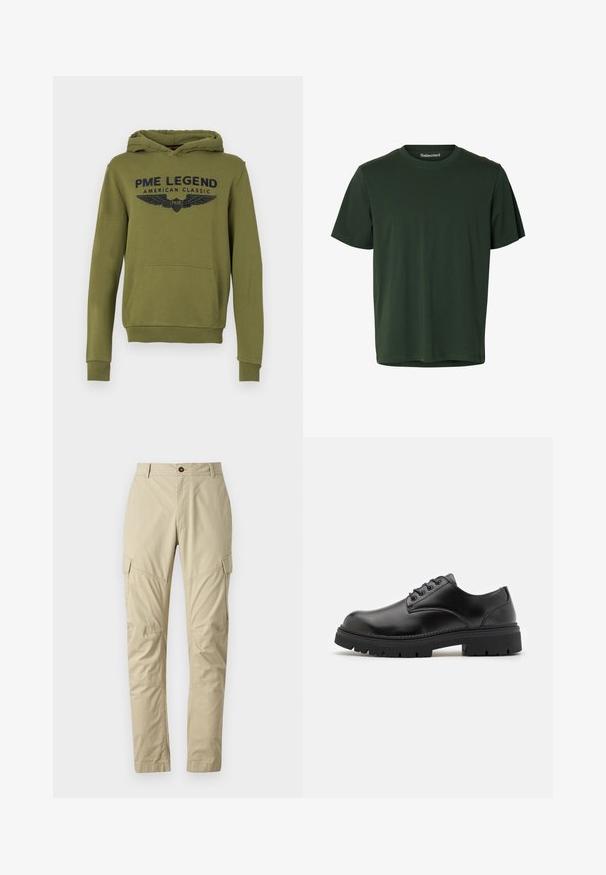 Sudadera con capucha verde y bolsillo frontal, con el texto en azul "PME LEGEND AMERICAN CLASSIC" y gráficos de alas. Tejido suave, corte casual.; Camiseta verde oscuro de manga corta con cuello redondo, confeccionada en tejido liso con un dobladillo recto.; Pantalones cargo beige hechos de una tela liviana, con múltiples bolsillos, cierre de botón y un diseño de pierna ajustada. Textura suave.; Zapatos de cuero negro con punta redondeada, diseño con cordones y una suela de goma gruesa y texturizada. Presentan costuras a lo largo del borde y un acabado suave.