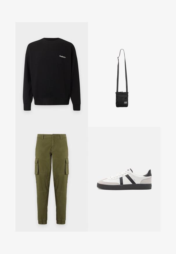 Replay Inc. Sweatshirt - black; Olivgrüne Cargo-Hosen mit elastischen Bündchen, ausgestattet mit zwei seitlichen Cargo-Taschen, einem vorderen Knopfverschluss und einem glatten, leichten Stoff.; Weiße Sneaker mit schwarz- und grau-aczenten, ausgestattet mit einer strukturierten grauen Zehenkappe, schwarzer Gummi-Sohle und flachen weißen Schnürsenkeln. Sauberes Design, minimalistische Stil.; Schwarze Umhängetasche mit verstellbarem Riemen und kleinem weißem rechteckigem Logopatch auf der unteren Vorderseite.