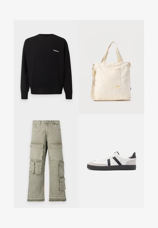 Replay Inc. Sweatshirt - black; Cargo-Hosen in einem hellen Olivgrün, mit mehreren großen Taschen, einem weit geschnittenen Design und Rohen Saumdetails. Hergestellt aus strapazierfähigem Material.; Weiße Sneaker mit schwarz- und grau-aczenten, ausgestattet mit einer strukturierten grauen Zehenkappe, schwarzer Gummi-Sohle und flachen weißen Schnürsenkeln. Sauberes Design, minimalistische Stil.; Beige Canvas-Shopper mit Fronttasche, zwei Griffen, verstellbarem Schulterriemen und kleinem gelbem "O.N.S"-Text unten rechts auf der Tasche.