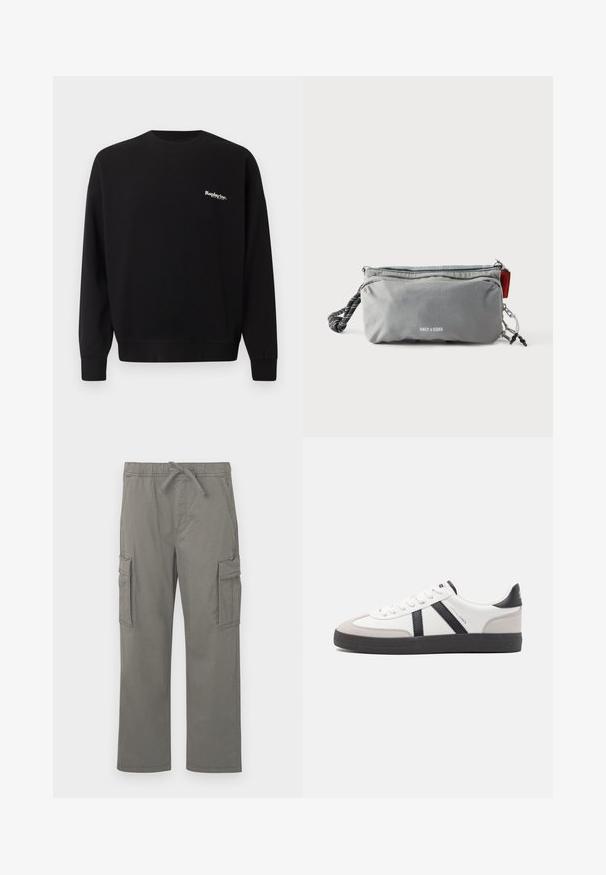 Replay Inc. Sudadera - black; Pantalones cargo rectos grises con cinturilla elástica, cordón, bolsillos laterales con tapa y bolsillos frontales con corte, exhibidos sobre un fondo blanco.; Zapatilla blanca con acentos en negro y gris, que presenta una puntera texturizada en gris, suela de goma negra y cordones planos blancos. Diseño limpio, estilo minimalista.; Bolsa rectangular gris con cremalleras, asa de cuerda en negro y blanco en un lado y texto "ONLY & SONS" en el centro frontal.
