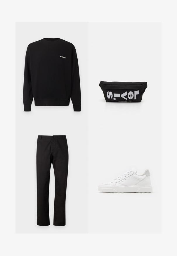 Replay Inc. Sweater - black; Zwarte broek met een rechte snit. Gemaakt van gladde stof en voorzien van een sluiting met knoop aan de voorkant en riemlussen. Geen zichtbare patronen of accenten.; Witte leren sneakers met een gladde afwerking, ronde neus, platte veters en een gestructureerde zool. Grijze suède accent bij de hiel.; Zwarte stoffen tas met een platte vorm, voorzien van vet witte tekst. De ritssluiting bevindt zich aan de bovenkant, met een lus-detail aan één kant.