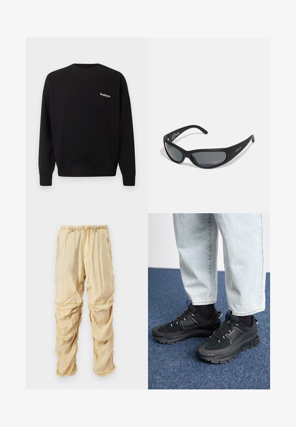 Replay Inc. Sudadera - black; Pantalones cargo de nylon color beige claro con cordones ajustables en la cintura y bolsillos con cremallera, diseñados con detalles de tela arrugada y en capas.; Zapatillas deportivas negras con tejido texturizado y suelas de goma, con cordones elásticos y un acento azul en el talón. Combinadas con pantalones de mezclilla claros.; Gafas de sol negras con un marco curvado y lentes oscuros. Presentan un acabado mate y el nombre de la marca "ARNETTE" en el lateral.