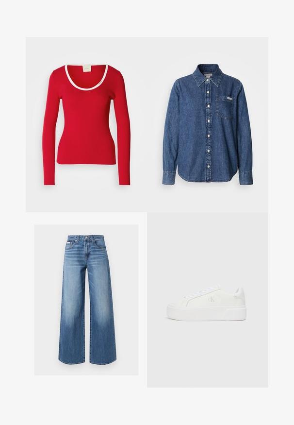 Tee-shirt rouge à manches longues en tissu côtelé avec un décolleté arrondi, présentant une bordure blanche autour du col. Silouhette ajustée.; Chemise en denim bleu à manches longues, boutonnage avant, col, poche poitrine unique et détails de couture subtils. Texture lisse et coupe décontractée.; Jean en denim bleu à jambes larges avec bouton et fermeture éclair sur le devant, style cinq poches et détails légèrement délavés sur les cuisses et les genoux.; Baskets plateformes blanches avec une tige en cuir lisse, bout arrondi, lacets blancs et un logo discret sur le côté. Semelle en caoutchouc plate.
