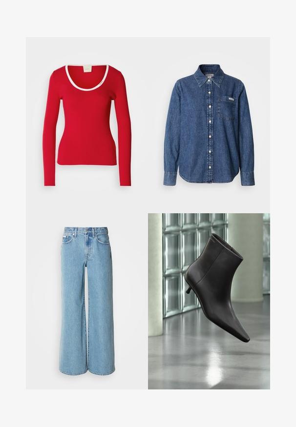 Tee-shirt rouge à manches longues en tissu côtelé avec un décolleté arrondi, présentant une bordure blanche autour du col. Silouhette ajustée.; Chemise en denim bleu à manches longues, boutonnage avant, col, poche poitrine unique et détails de couture subtils. Texture lisse et coupe décontractée.; Jean large bleu clair en denim, avec une taille haute, un design à cinq poches et un léger dégradé sur le tissu.; Bottine en cuir noir avec bout pointu et petit talon, présentée devant un mur en blocs de verre et un sol poli.