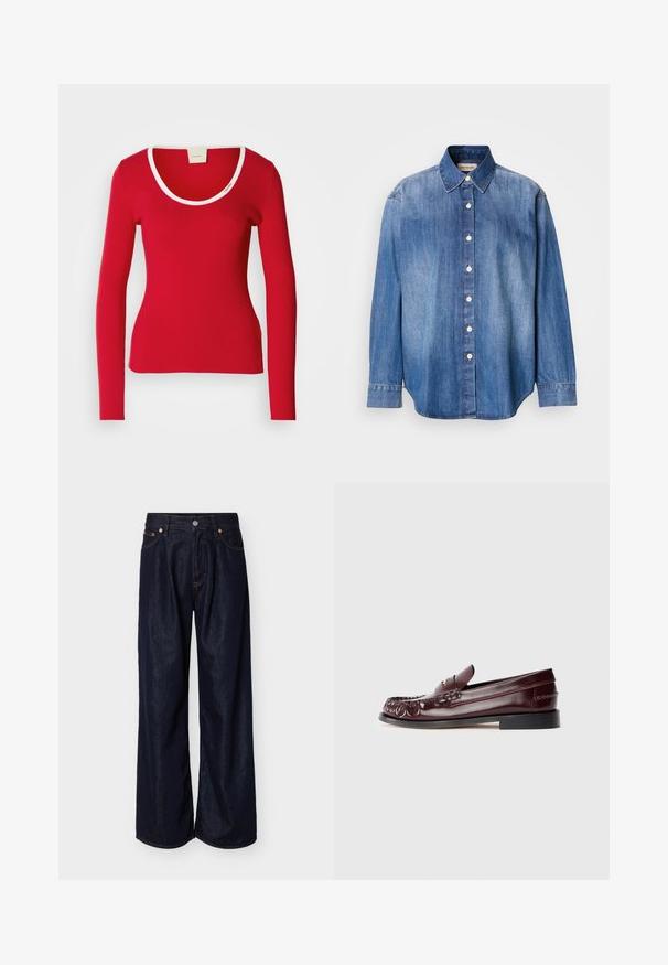 Tee-shirt rouge à manches longues en tissu côtelé avec un décolleté arrondi, présentant une bordure blanche autour du col. Silouhette ajustée.; Chemise en jean boutonnée, couleur bleu clair, manches longues, col classique, boutons sur le devant et ourlet légèrement arrondi. Texture lisse.; Jean en denim bleu foncé à jambes larges avec bouton sur le devant et design à cinq poches sur un fond clair uni.; Mocassin penny en cuir bordeaux avec semelle noire et détail en métal doré sur le dessus, présenté en vue latérale sur fond blanc.