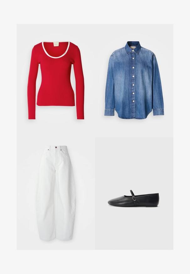 Tee-shirt rouge à manches longues en tissu côtelé avec un décolleté arrondi, présentant une bordure blanche autour du col. Silouhette ajustée.; Chemise en jean boutonnée, couleur bleu clair, manches longues, col classique, boutons sur le devant et ourlet légèrement arrondi. Texture lisse.; Pantalons en denim blancs taille haute avec une coupe ample. Dotés d'une fermeture à bouton, de poches latérales et d'un design minimaliste. Texture lisse.; Ballerines noires en cuir avec un bout pointu, une semelle plate et une petite sangle avec un détail de boucle en argent.