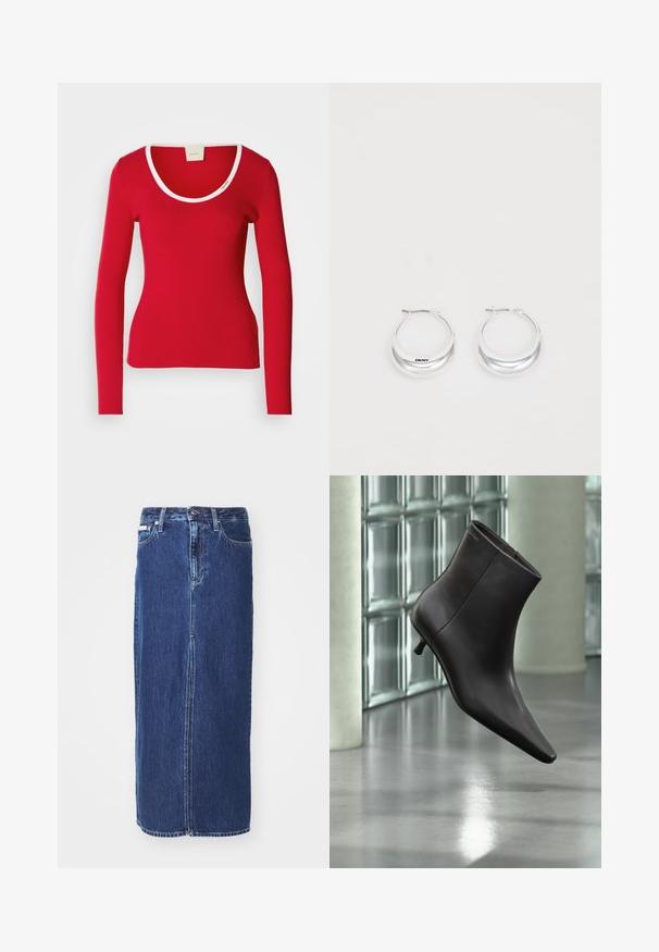 Tee-shirt rouge à manches longues en tissu côtelé avec un décolleté arrondi, présentant une bordure blanche autour du col. Silouhette ajustée.; Jupe en denim bleu foncé, à mi-longueur, avec une fente avant, une taille traditionnelle et un design à cinq poches avec des coutures contrastées.; Bottine en cuir noir avec bout pointu et petit talon, présentée devant un mur en blocs de verre et un sol poli.; Boucles d'oreilles en argent avec une finition polie et un branding DKNY, présentées sur un fond blanc uni.