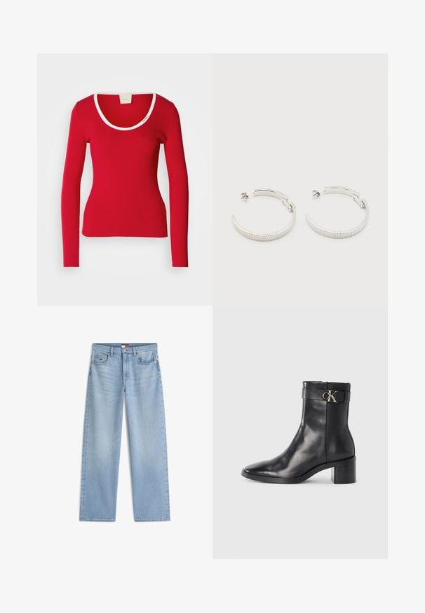 Tee-shirt rouge à manches longues en tissu côtelé avec un décolleté arrondi, présentant une bordure blanche autour du col. Silouhette ajustée.; Jean en denim bleu clair à jambes droites avec poches avant, passants de ceinture et fermeture par bouton et fermeture éclair.; Botte de cheville en cuir noir avec un bout pointu, un talon carré et une sangle avec un détail de logo métallique. Texture lisse et design minimaliste.; Boucles d'oreilles demi-cercles ton argent avec texture striée et fermoirs à pression sur fond blanc.