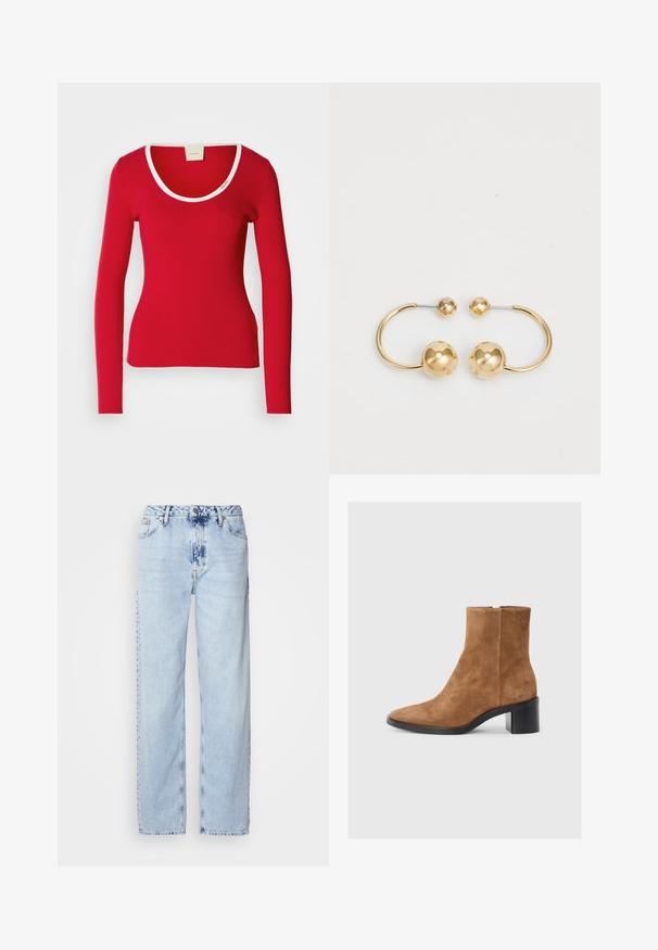 Tee-shirt rouge à manches longues en tissu côtelé avec un décolleté arrondi, présentant une bordure blanche autour du col. Silouhette ajustée.; Jeans large bleus clairs en denim, avec une taille haute, un lavage décoloré et un motif tie-dye subtil à l'avant.; Bottine en suede marron avec un bout pointu, un talon moyen rectangulaire et un discret logo en relief. Fermeture éclair sur le côté.; Boucles d'oreilles en métal doré présentant un design circulaire avec deux sphères, l'une plus grande et texturée, et une petite boule polie en haut.