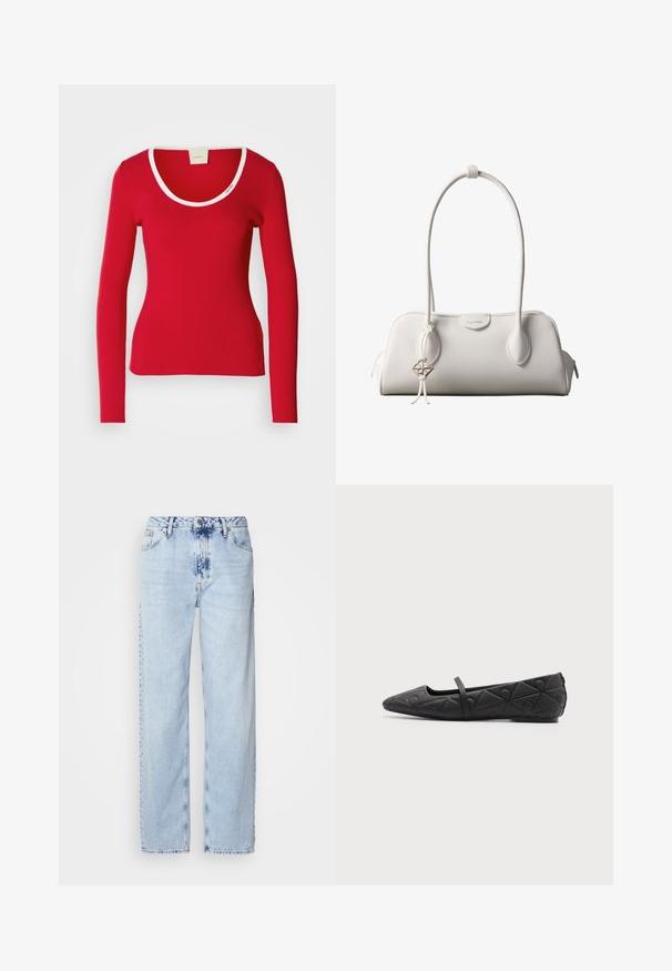 Tee-shirt rouge à manches longues en tissu côtelé avec un décolleté arrondi, présentant une bordure blanche autour du col. Silouhette ajustée.; Jeans large bleus clairs en denim, avec une taille haute, un lavage décoloré et un motif tie-dye subtil à l'avant.; Chaussure plate noire à bout pointu avec motifs géométriques matelassés et une fine bride sur le cou-de-pied sur fond uni.; Sac à bandoulière blanc Calvin Klein avec longues poignées, forme rectangulaire, fermeture éclair et charm logo décoratif suspendu près de la poignée.