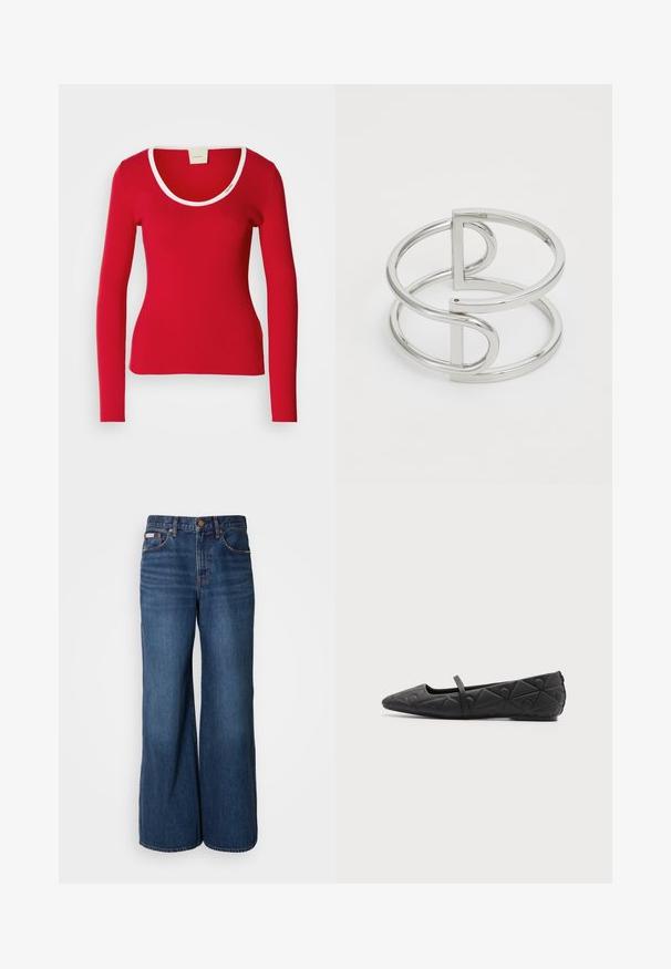 Tee-shirt rouge à manches longues en tissu côtelé avec un décolleté arrondi, présentant une bordure blanche autour du col. Silouhette ajustée.; Jean large en denim bleu foncé. Les caractéristiques incluent une taille haute, cinq poches et des coutures contrastantes orange le long des coutures.; Chaussure plate noire à bout pointu avec motifs géométriques matelassés et une fine bride sur le cou-de-pied sur fond uni.; Bracelet en métal argenté avec un design à double boucle, fini lisse et brillant, et un accent géométrique minimaliste.