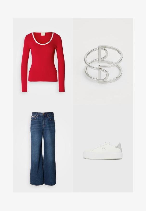 Rode long-sleeve top van ribstof met een ronde halslijn, voorzien van een witte bies rond de kraag. Strak aansluitende pasvorm.; Wijdvallende jeans van donkerblauwe denim. Kenmerken zijn een hoge taille, vijf zakken en contrasterende oranje stiksels langs de naden.; Witte canvas sneakers met een dikke witte zool, voorzien van een metallic zilveren accent op de hiel en een subtiel logo detail aan de zijkant.; Zilveren metalen armband met een dubbel-lusontwerp, voorzien van een gladde, glanzende afwerking en een minimalistisch geometrisch accent.