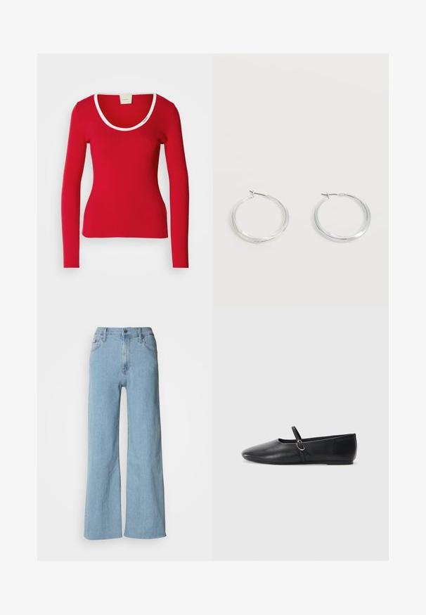 Tee-shirt rouge à manches longues en tissu côtelé avec un décolleté arrondi, présentant une bordure blanche autour du col. Silouhette ajustée.; Jeans en denim bleu clair à jambes larges, avec une taille cintrée, un design à cinq poches et des détails de couture subtils.; Ballerines noires en cuir avec un bout pointu, une semelle plate et une petite sangle avec un détail de boucle en argent.; Boucles d’oreilles créoles en métal argenté avec une surface lisse légèrement incurvée et des fermoirs à clapet sur un fond blanc uni.