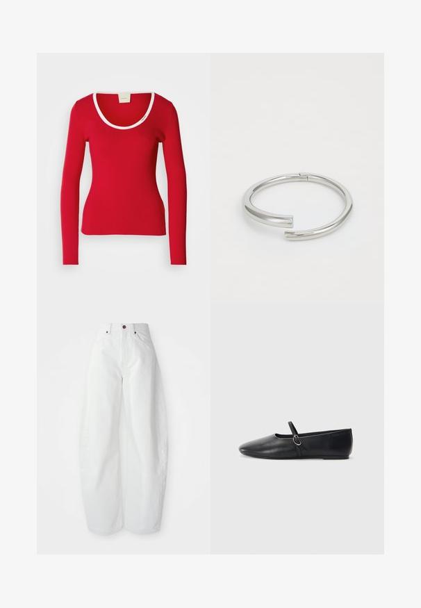 Tee-shirt rouge à manches longues en tissu côtelé avec un décolleté arrondi, présentant une bordure blanche autour du col. Silouhette ajustée.; Pantalons en denim blancs taille haute avec une coupe ample. Dotés d'une fermeture à bouton, de poches latérales et d'un design minimaliste. Texture lisse.; Ballerines noires en cuir avec un bout pointu, une semelle plate et une petite sangle avec un détail de boucle en argent.; Calvin Klein SPIRAL - Bracelet - silver-coloured