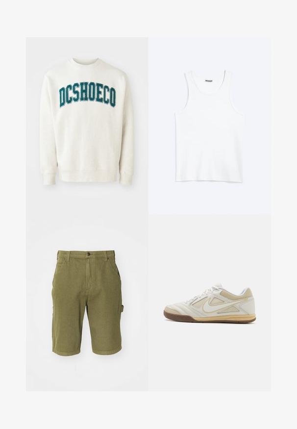 Helles beige Sweatshirt aus weichem Stoff, mit einem türkisfarbenen, gestickten "DCSHOECO"-Text über der Brust. Gerippte Bündchen und Saum.; Weißes ärmelloses Tanktop mit rundem Ausschnitt und Weekday-Markenetikett auf der Innenseite des hinteren Kragens, flach auf hellem Hintergrund dargestellt.; Olivgrüne Baumwoll-Cargo-Shorts mit Knopfverschluss, Gürtelschlaufen, seitlichen Taschen und einer leicht strukturierten Stoffoberfläche.; Weißer Sportschuh mit strukturiertem Obermaterial, grauen Akzenten, Schnürdesign und braunem Gummisohle. Verfügt über ein markantes Logo an der Seite.