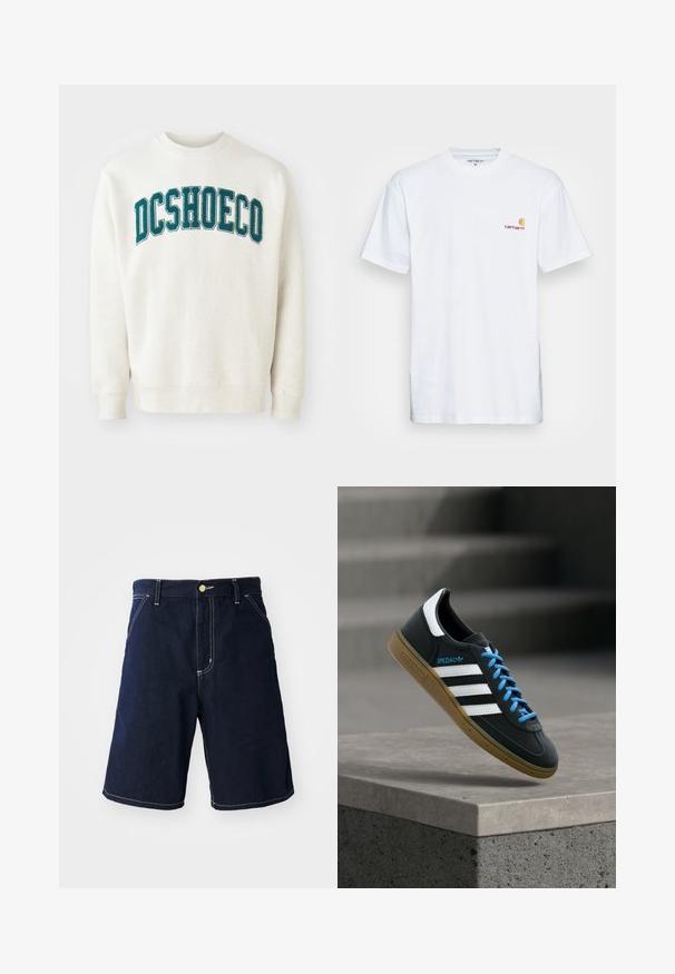Heledad beež sweatshirt pehmest kangast, millel on rinna kohal teal värvi tikitud "DCSHOECO" tekst. Ribbkootud varrukad ja alläär.; Valge puuvillane T-särk lühikeste varrukatega. Disainitud väikese oranži ja marooni logoga vasakul rinnal. Omab klassikalist ümarat kaelust.; Tumed teksast šortsid valgete õmblustega, klassikaline lõige, viis taskut ja esitõmblusega nööbid.; Must Adidas toss valgete triibu, siniste paelte ja kummist tallaga, hõljuv pehme valgusega halli betoonastme kohal.