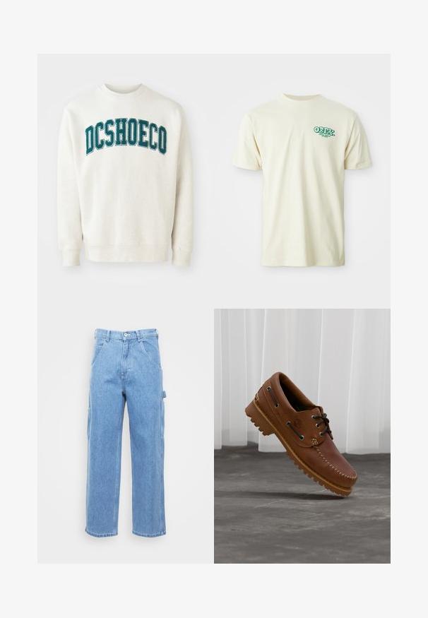 Helles beige Sweatshirt aus weichem Stoff, mit einem türkisfarbenen, gestickten "DCSHOECO"-Text über der Brust. Gerippte Bündchen und Saum.; Cremfarbener Baumwoll-T-Shirt mit kurzen Ärmeln und Rundhalsausschnitt, versehen mit einem grünen "OBEY VISUAL DEBIR" Logo auf der oberen linken Brust.; Hellblaue Denim-Cargohosen mit geradem Bein, Vordertaschen und seitlichen Cargotaschen. Der Stoff hat eine glatte Textur mit einem leicht verwaschenen Finish.; Brauner Leder-Bootsschuh mit schwarzen Schnürsenkeln, beigen Nähten und einer robusten Sohle, schwebt über einem grauen Betonboden.