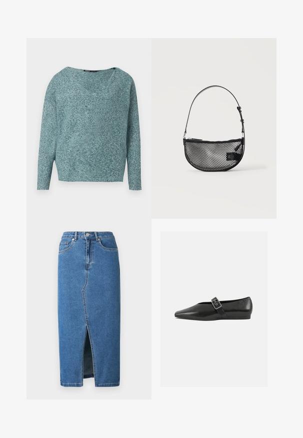 Blød strikket teal sweater med lange ærmer, ribbede manchetter og en bred V-hals.; Denim midi-nederdel i blå. Har en frontslids, høj talje og design med fem lommer. Klassiske syninger og metalhardware-detaljer.; Sorte læder flade sko med spidse tæer, prydet med en metallisk spænde over vristen og en lav, fleksibel sål.; Sort mesh halvmåne håndtaske med en kort justerbar læderrem og lynlåslukning på en ensartet lys baggrund.