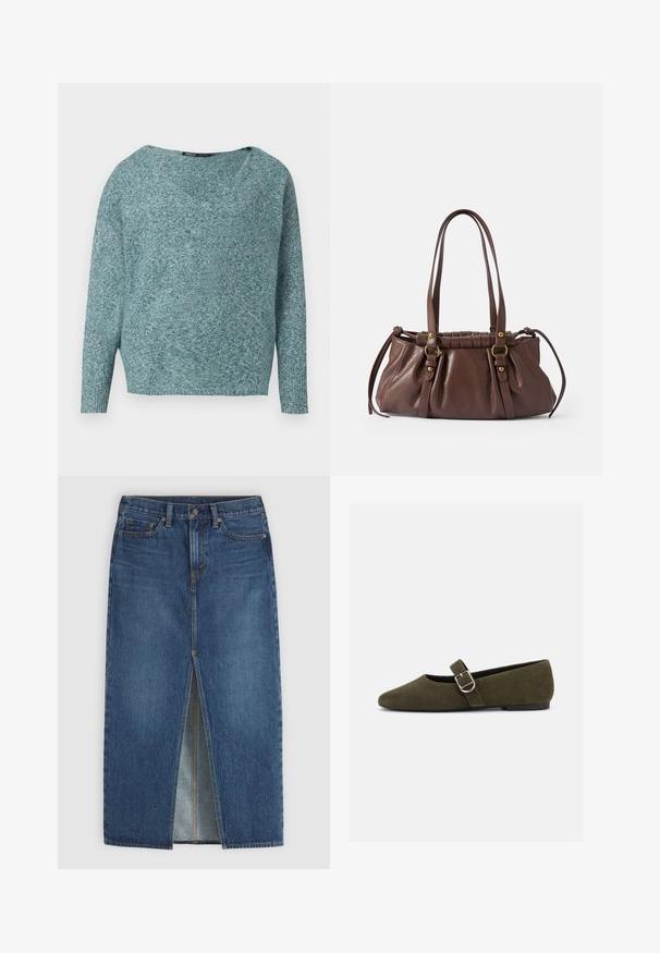 Zacht gebreide teal trui met lange mouwen, geribde manchetten en een brede V-hals.; Blauwe denim midirok met centrale voorin split, ceintuurlussen, knoopsluiting en vijf zakken.; Olijfgroene suède Mary Jane platte schoen met zilveren gespsluiting en afgeronde neus, getoond op een witte achtergrond.; Bruine leren handtas met twee lange handvatten,Gathered ontwerp, gouden hardware accenten en een gestructureerde afwerking.