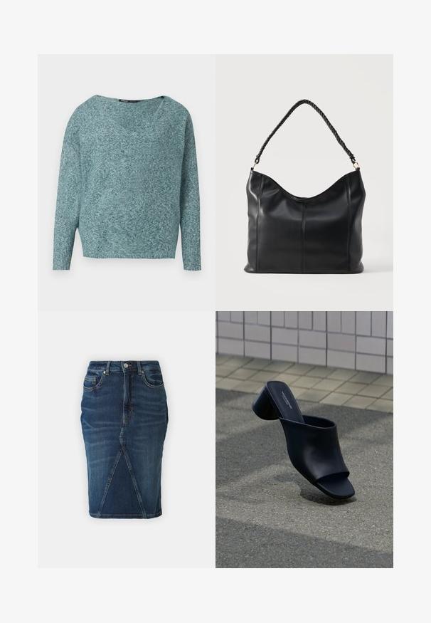Suéter de punto suave en color azul verdoso con mangas largas, puños acanalados y un cuello amplio en forma de V.; Falda lápiz de mezclilla en azul oscuro con cintura de altura media, detalles de costura frontal y bolsillos estándar. La tela tiene un acabado suave y ligeramente texturizado.; Mule de piel negra con punta abierta y tacón ancho, posicionado sobre asfalto cerca de una superficie de baldosas.; Bolso de hombro de cuero negro con asa retorcida y detalles de costura vertical sobre un fondo claro y liso.