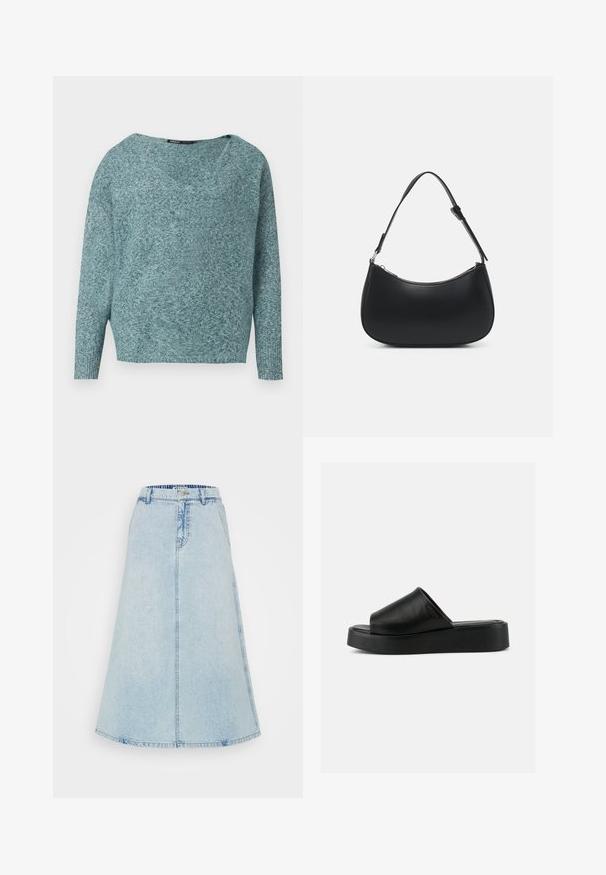 Blød strikket teal sweater med lange ærmer, ribbede manchetter og en bred V-hals.; En lys blå denim midi-nederdel, der har en flagrende form, talje med bæltestropper og synlig syning langs sømmene.; Sort slip-on platform sandal med bredt læderoverdel og tyk sål, vist i sideprofil mod en ensartet grå baggrund.; Pieces PCALUANA SHOULDER BAG - Håndtasker - black