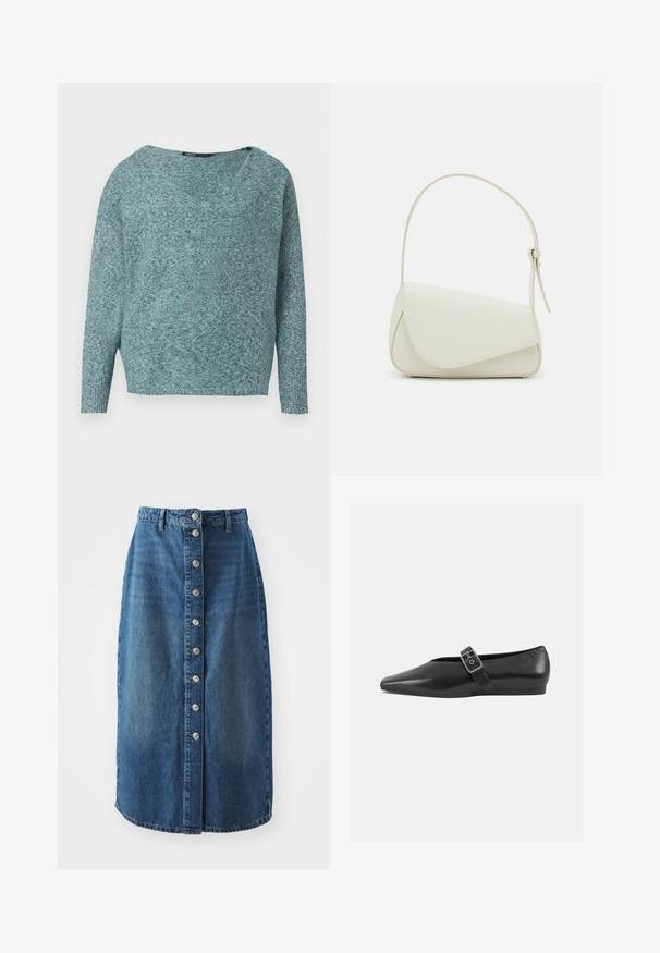 Blød strikket teal sweater med lange ærmer, ribbede manchetter og en bred V-hals.; Denimnederdel med en mellemlang længde, der har en knappelukning foran med fem knapper og en let buet kant. Farve: mørkeblå.; Sorte læder flade sko med spidse tæer, prydet med en metallisk spænde over vristen og en lav, fleksibel sål.; Hvid taske i faux læder med en struktureret trekantet form, enkelt justerbart skulderstrop og en flaplås med kurver.