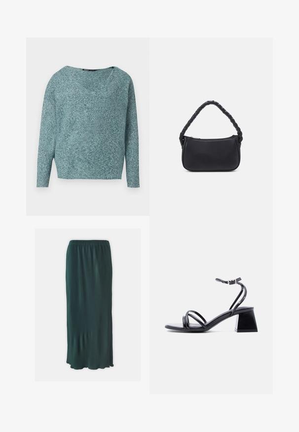 Suéter de punto suave en color azul verdoso con mangas largas, puños acanalados y un cuello amplio en forma de V.; Falda larga plisada en verde oscuro, con una cinturilla elástica y una silueta fluida. Fabricada en un tejido ligero con una textura suave.; Sandalia negra con tiras, abierta en la punta, con hebilla en el tobillo y tacón cuadrado, vista lateral sobre un fondo claro y liso.; Bolso negro de forma redondeada, hecho de material liso. Presenta un asa trenzada y un cierre de cremallera para un almacenamiento seguro.