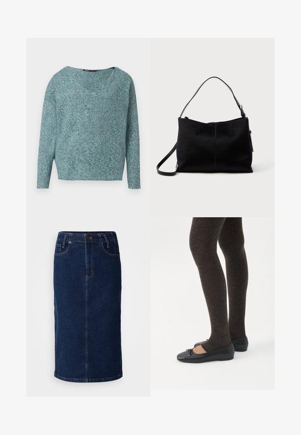 Blød strikket teal sweater med lange ærmer, ribbede manchetter og en bred V-hals.; Denim midi nederdel i mørkeblå, med lige snit, forlommer og kontrasterende orange syninger. Glat tekstur med minimal detaljering.; Ben iført mørke ribbede leggings kombineret med sorte balletsko med små sløjfedetaljer på hvid baggrund.; Sort skuldertaske med en glat, tekstureret overflade, prydet med en enkelt rem og en lynlåslukning øverst. Kompakt rektangulær form.