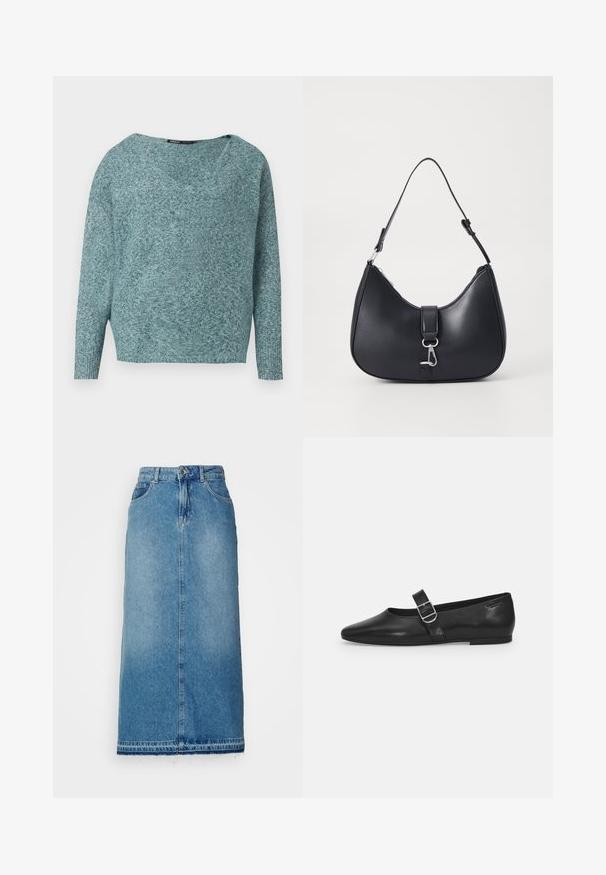 Mäkký pletený sveter v tyrkysovej farbe s dlhými rukávmi, rebrovanými manžetami a širokým V-výstrihom.; ONLY Denim ONLNELIA Denim Denim Long - Denimová sukňa - light blue denim; Čierna kožená plochá obuv s okrúhlym nosom, jedným nastaviteľným pásikom so sponou a hladkým, lesklým povrchom. Minimalistický dizajn s nízkym podpätkom.; Pieces PCLIKA SHOULDER BAG - Kabelka - black