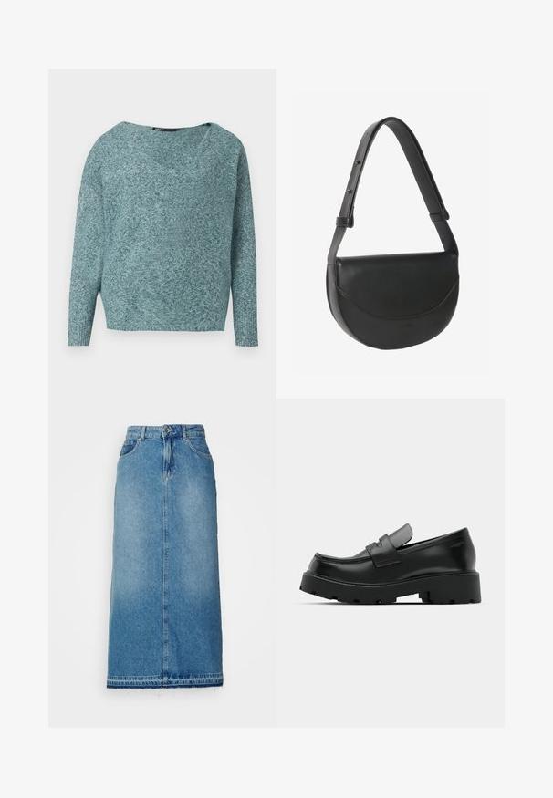 Pehmeast kootud mereroheline kampsun pikkade varrukatega, soonikkoes mansettide ja laia V-kaelusega.; ONLY Denim ONLNELIA Denim Denim Long - Teksaseelik - light blue denim; Mustad nahast loafers, millel on tükiline tekstureeritud tald, vampi kohal rihm ja sile, läikiv viimistlus.; Mustast nahast poolkuukujuline õlakott reguleeritava rihma ja klapikinnitusega valgel taustal.