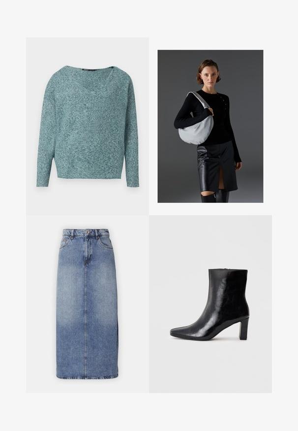 Weicher Strickpullover in Türkis mit langen Ärmeln, gerippten Bündchen und weitem V-Ausschnitt.; Jeans Bleistiftrock in mittlerem Washed Blue, mit hoher Taille, geradem Schnitt, vorderer Naht und ohne sichtbare Verzierungen oder Taschen.; Schwarze Knöchelstiefel aus glänzendem Leder mit spitzem Zustand und mittelhohem Blockabsatz, mit glatter Textur und einfachem Design.; Hobo-Tasche in Hellgrau, aus weichem Material, runder Form. Gestylt mit einem schwarzen Langarmtop und einem schwarzen Lederrock mit einem Schlitz auf der Vorderseite.