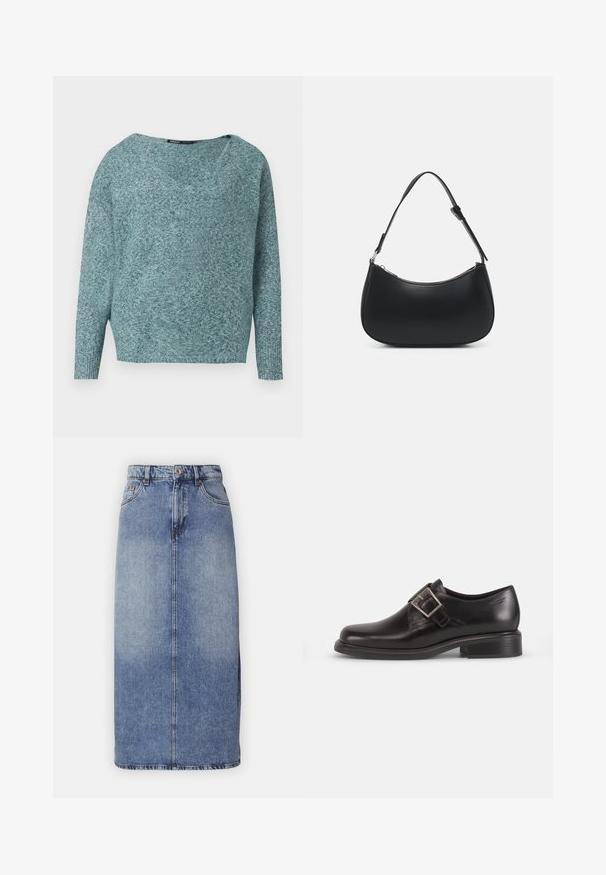 Weicher Strickpullover in Türkis mit langen Ärmeln, gerippten Bündchen und weitem V-Ausschnitt.; Jeans Bleistiftrock in mittlerem Washed Blue, mit hoher Taille, geradem Schnitt, vorderer Naht und ohne sichtbare Verzierungen oder Taschen.; Schwarze Leder-Dressschuhe mit abgerundeter Zehenform, seitlichem Gürtelverschluss und strukturierter Sohle, vor einem schlichten weißen Hintergrund.; Pieces PCALUANA SHOULDER BAG - Handtasche - black