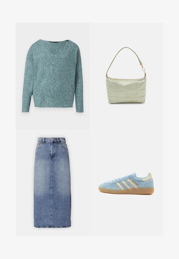 Pull doux en maille couleur sarcelle avec manches longues, poignets côtelés et large col en V.; Jupe crayon en denim dans un bleu lavé moyen, avec une taille haute, une coupe droite, une couture à l'avant et sans embellissements ni poches visibles.; Baskets Adidas en daim bleu clair avec des bandes beiges et un empiècement au talon, semelle en gomme et marquage "SPEZIAL" sur le côté.; Sac vert rembourré avec une texture douce, de forme rectangulaire, à une bandoulière, et fermeture à glissière dorée. Présente un motif matelassé.