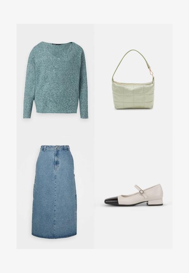 Pehmeast kootud mereroheline kampsun pikkade varrukatega, soonikkoes mansettide ja laia V-kaelusega.; Obey Clothing JUNIPER MIDI SKIRT - A-lõikeline seelik - stonewash indigo; Kreemivärvi nahast Mary Jane stiilis kingad musta läikiva toe'ga. Omab ümmargust varvast, pahkluule paelaga vöö, madalat ploki kontsa.; Pehmea tekstuuriga vooderdatud roheline õlavöökott, ristkülikukujuline, ühe rihmaga ja kuldse tõmblukuga. Omab tikandmustrit.