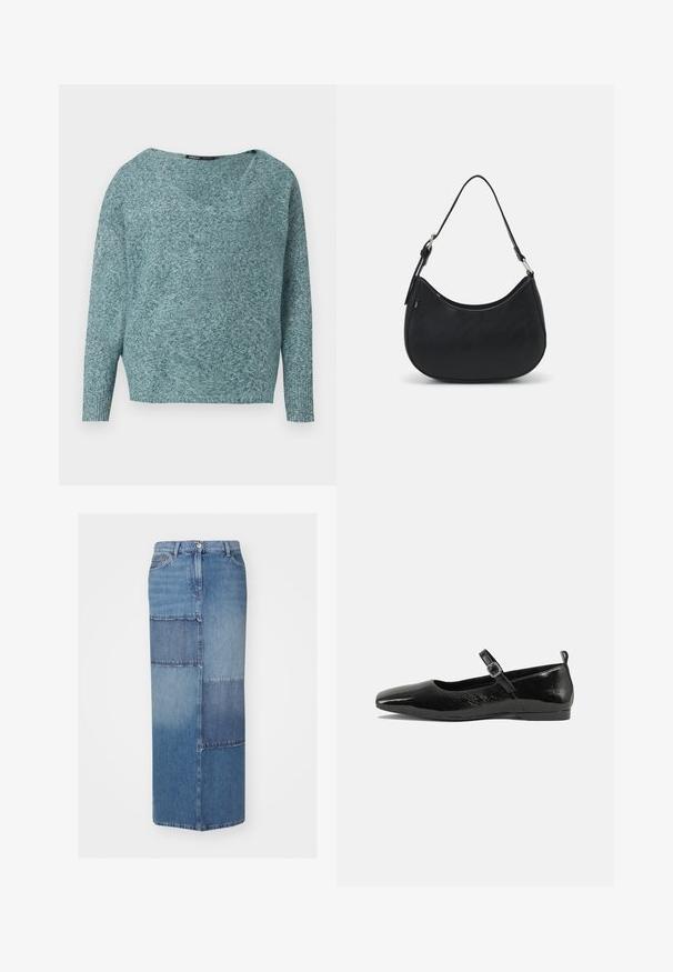Blød strikket teal sweater med lange ærmer, ribbede manchetter og en bred V-hals.; Jeansskørt med patchwork i forskellige nuancer af blå, med lige snit, høj talje og en ren kant.; Sorte patentlæder flade sko med spidse tæer, en ankelrem med spænde og en glat, blank tekstur. Lav hæl for komfort.; Sort hobo taske lavet af glat læder med en buet silhuet, der har en enkelt justerbar skulderrem og minimalistiske designdetaljer.