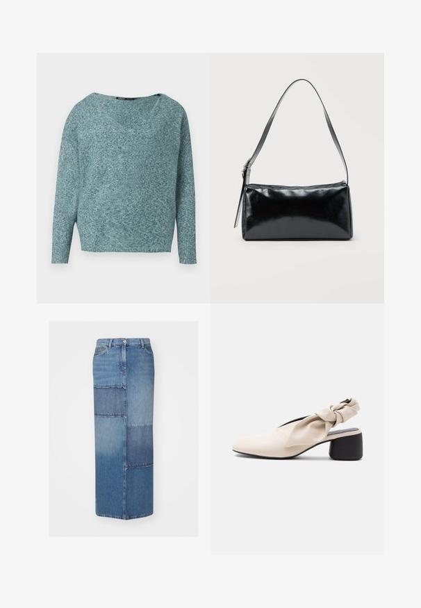 Blød strikket teal sweater med lange ærmer, ribbede manchetter og en bred V-hals.; Jeansskørt med patchwork i forskellige nuancer af blå, med lige snit, høj talje og en ren kant.; Beige damesko med lav hæl, spids tå og en snoet remdetalje over vristen og hælen.; Sort rektangulær skuldertaske med en enkelt justerbar rem og lynlås i toppen på en ensfarvet baggrund.