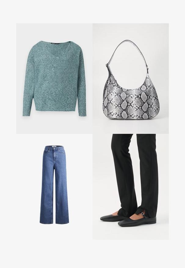 Zacht gebreide teal trui met lange mouwen, geribde manchetten en een brede V-hals.; Lichtblauwe denim wijde jeans met een hoge taille, twee voorzakken en zichtbare stiksels. Voorzien van een knoop- en ritssluiting.; Benen met zwarte smalle broek met voorsplitten aan de zoom, gecombineerd met zwarte platte Mary Jane-schoenen met een klein gespje.; Zwart-witte slangenprint schoudertas met een afgeronde vorm, een gladde textuur en een ronde strap. Voorzien van een zilveren hardwareaccent.