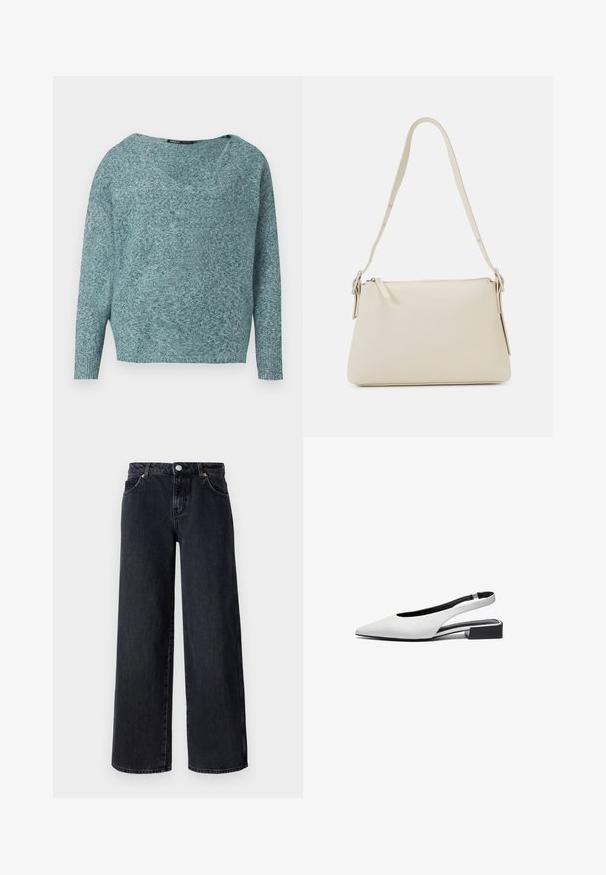Weicher Strickpullover in Türkis mit langen Ärmeln, gerippten Bündchen und weitem V-Ausschnitt.; Vero Moda Petite VMREMY MR WIDE - Wide Leg - black denim; Weiße Leder-Slingback-Flats mit spitzer Zehenform, offenem Design an der Ferse und niedrigem schwarzen Blockabsatz. Glatte Textur, minimale Akzente.; Beige Schultertasche aus glattem Leder mit Reißverschluss. Hat ein einfaches Design, einen schmalen Schultergurt und Metallakzente.