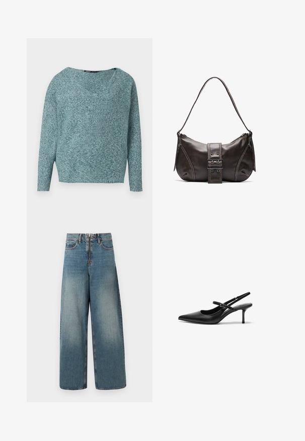 Pull doux en maille couleur sarcelle avec manches longues, poignets côtelés et large col en V.; Jeans en denim à jambes larges dans un délavage bleu clair. Dotés d'un zip et d'une fermeture à bouton, avec un délavage subtil pour un look usé.; Talons aiguilles noires en cuir avec un bout pointu, une fine bride réglable, et un talon aiguille d'environ 5 cm, texture lisse.; Sac à épaule en cuir marron avec une forme courbée, présentant un détail de boucle proéminent, des coutures contrastantes et une seule bandoulière.