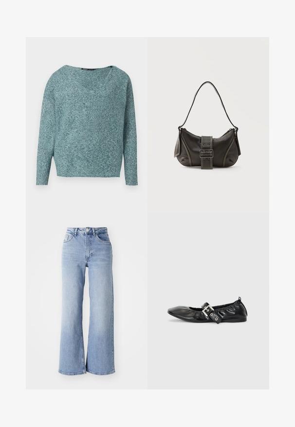 Zacht gebreide teal trui met lange mouwen, geribde manchetten en een brede V-hals.; Lichtblauwe hoge taille wijde pijpen jeans met voor- en achterzakken, knoopsluiting en subtiele vervagingen op de dijen en zomen.; Zwarte leren platte schoen met een spitse neus, geplooide details rond de opening en een zilveren gespaccentueerde verstelbare band.; Zwarte leren schoudertas met gespsluiting aan de riem, afgeronde hoeken en contrasterende witte stiksels op een effen achtergrond.