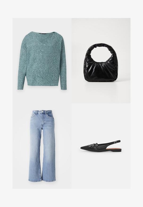 Weicher Strickpullover in Türkis mit langen Ärmeln, gerippten Bündchen und weitem V-Ausschnitt.; Himmelblaue hochtaillierte Schlagjeans mit vorderen und hinteren Taschen, Knopfverschluss und dezentem Verblassen an den Oberschenkeln und Säumen.; Schwarze Leder-Slingback-Ballerina mit spitzem Zeh, ausgestattet mit zwei horizontalen Riemen und quadratischen silbernen Schnallen, mit flachem Absatz und glatter Oberfläche.; Schwarze gepolsterte Handtasche mit einem runden Griff, die eine glatte, glänzende Oberfläche und eine weiche, gestepfte Textur aufweist. Keine sichtbare Hardware oder Akzente.