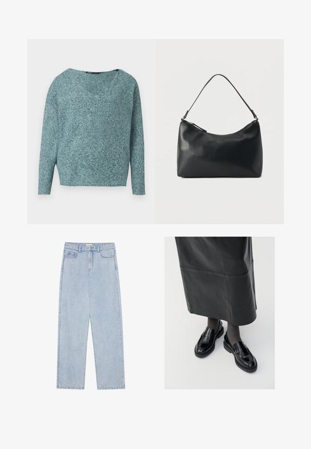 Weicher Strickpullover in Türkis mit langen Ärmeln, gerippten Bündchen und weitem V-Ausschnitt.; Helles blau, hoch taillierte Denim-Jeans mit geradem Bein, fünf Taschen und sichtbaren Nähten. Material hat eine klassische Waschtextur.; Schwarze Lederloafers mit glatter Oberfläche, verziert mit einem dekorativen Riemen, runder Zehenpartie und texturierten Sohlen. Getragen mit einem langen schwarzen Lederrock.; Schwarze Schultertasche aus strukturiertem Leder mit gewölbtem Reißverschluss oben und einem verstellbaren Riemen vor einfarbigem Hintergrund.