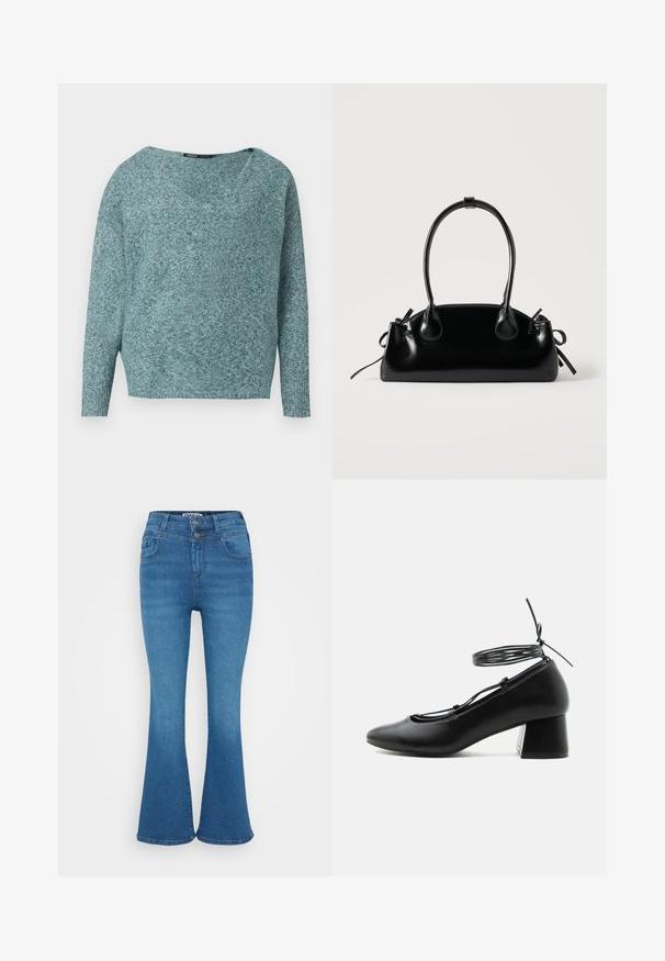 Weicher Strickpullover in Türkis mit langen Ärmeln, gerippten Bündchen und weitem V-Ausschnitt.; Blaue Denim-Jeans mit ausgestelltem Bein, hoher Taille, Zwei-Knopf-Verschluss und dezentem Ausbleichen. Klassisches Fünf-Taschen-Design, glatte Textur.; Schwarzer Lederschuh mit mittlerem Absatz, spitzer Schuhspitze, gekreuzten Riemen und Wickelverschluss um den Knöchel auf weißem Hintergrund.; Kleine schwarze glänzende Handtasche mit zwei langen Griffen und seitlichen Kordelzug-Details vor einfachem hellem Hintergrund.