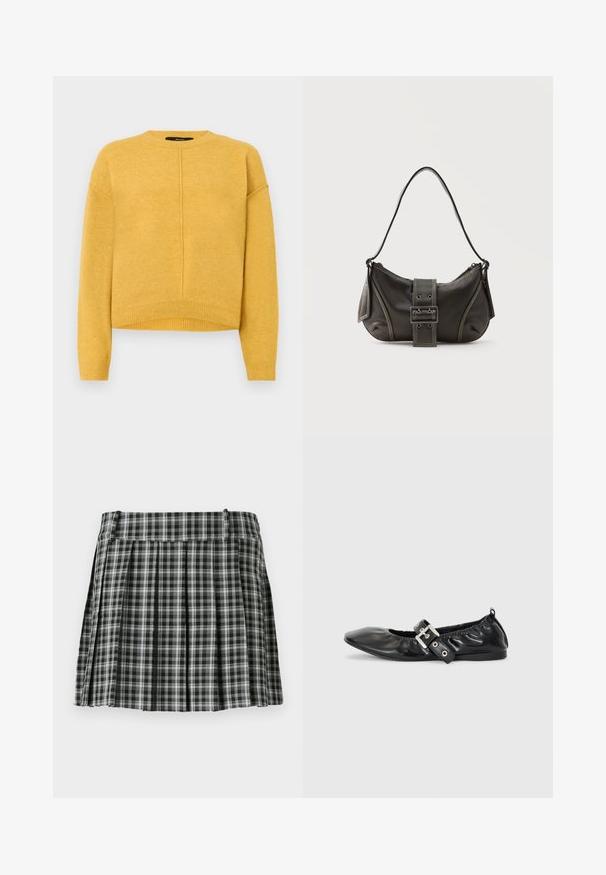 Gul strikket sweater med rund halsudskæring, sænkede skuldre og ribbet kant. Blød tekstur og et simpelt, lige snit.; Sort-hvidt ternet plisseret nederdel med en glat talje og flere lodrette folder. Fremstillet af let stof.; Sorte læder flade sko med spids tå, samling detaljer omkring åbningen, og en sølv spænde accent på den justerbare rem.; Sort læder skuldertaske med spænde på remmen, afrundede kanter og kontrasterende hvide syninger på en ensfarvet baggrund.